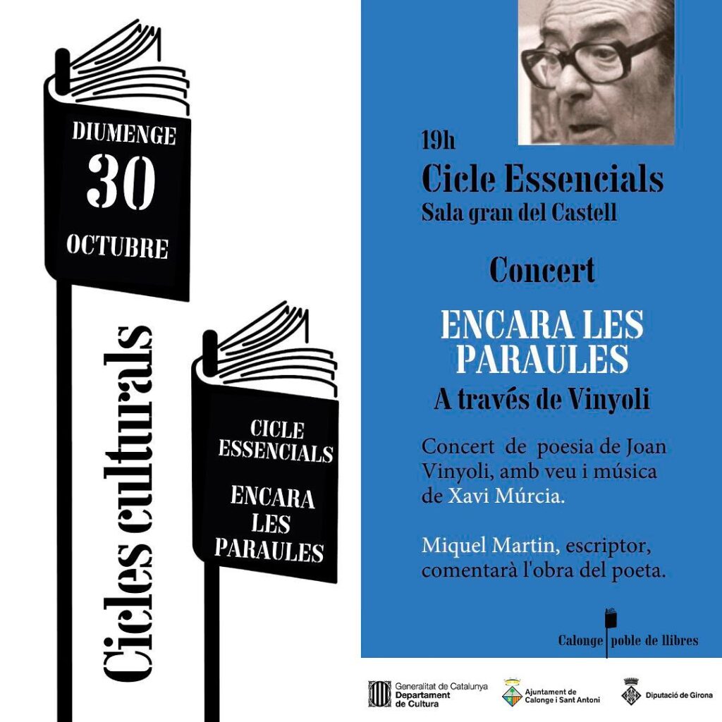 El diumenge 30 d'octubre, Xavi Múrcia ens portarà els versos de Joan Vinyoli, recitats, cantats i musicats amb el concert "A través de Vinyoli".